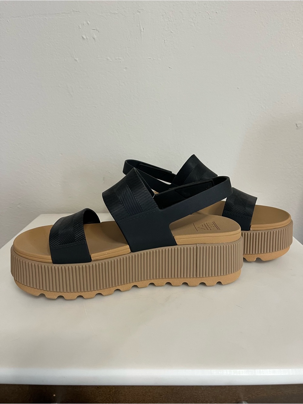 Reef Black Platform Sandals with Tan Sole - Picture 4 of 5